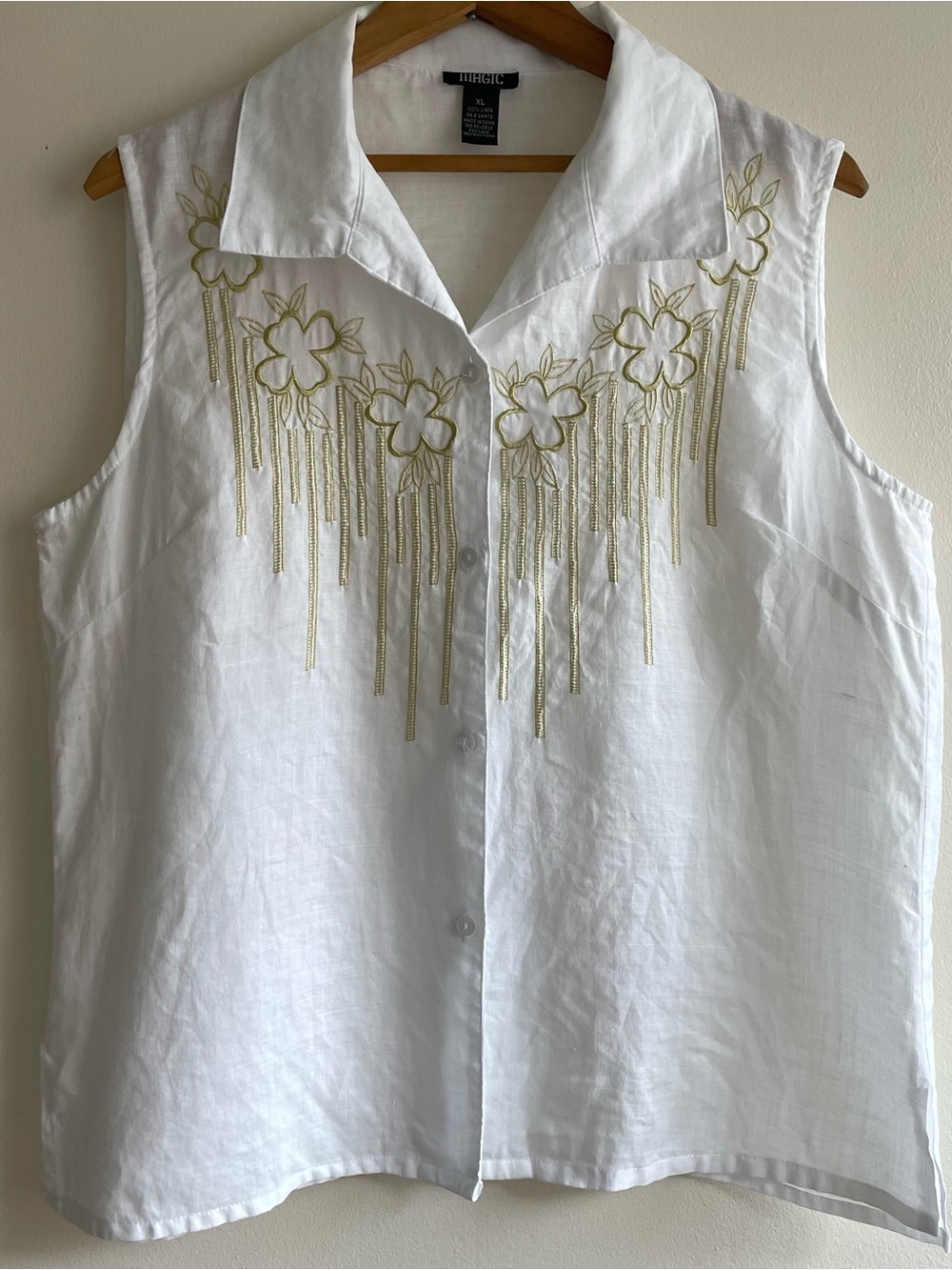 Magic 100% Linen Embroidered Floral Sleeveless Button Front Blouse White XL